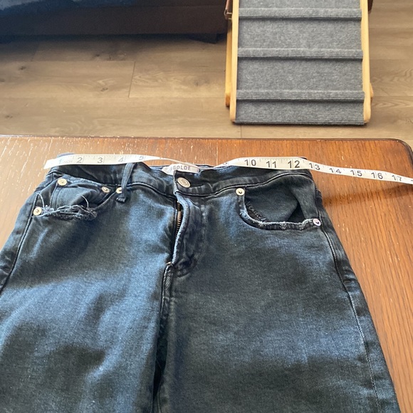 AGOLDE black distressed mid rise stretch straight leg jeans w/ raw cut out cuffs - Picture 14 of 16